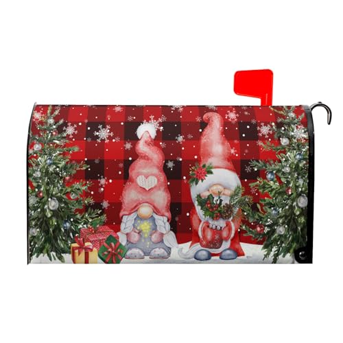 Image of Winter Gnomes Mailbox Cover Magnetic- Large Size 25.5x21 Inch- Christmas Trees Winter Snowflakes Red Black Buffalo Plaids Mailbox Wrap Post Cover for Yard Garden Outside Home Decor