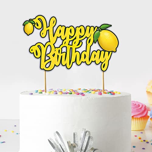 Lemon Happy Birthday Cake Topper – Fresh Fruit Theme Cake Decoration for Birthday Celebration, Lemon Inspired Dessert Topper for Party Cakes, Table Display Styling, Photo Setup.