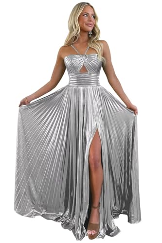 UZN Silver Sleeveless Metallic Sparkly Satin Prom Dresses Keyhole Long with Slit Pleated A Line Spaghetti Straps Formal Evening Party Gowns US12