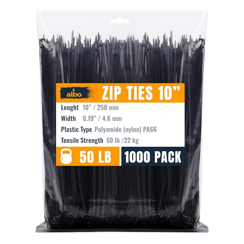 ALBO Zip Ties Black 10 Inch 1000 Pack 50 lb Long Plastic Cable Ties Thick 0.19 Inch Tie Wraps Heavy Duty UV Resistant Nylon Wire Ties for Indoor and Outdoor