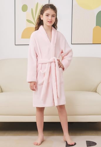 Umeyda Girls Robe, Shawl Collar Fuzzy Fleece Bathrobes with Belt and Pockets for Kids Boys, 2-15 Years2