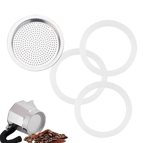 4PCS Gasket for 6 Cup Espresso Maker Includes 1 Filter and 3 Silicone Replacement Gasket Seal Kit for Espresso Coffee Maker White Moka Pot Seal Gasket Filter Replacement Spare Silicone Ring for Stove