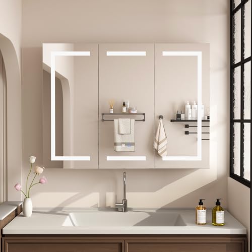 Badezimmer spiegelschrank mit Beleuchtung 120 x 13 x 90cm Spiegelschrank Bad mit LED und Steckdose 120 cm Breit Doppeltür Badschrank mit Spiegel und Ablage,Hängeschrank,Berührung Sensorschalter, Weiß