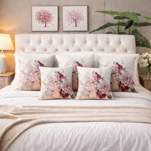 Image of Pack of 5 | Luxury Pink Floral Printed Polycotton Cushion Cover Set of 16x16 inch, Pillow Cover Set for Sofa, Living Room Decor, Cushion Cover Set for Bedroom, Throw Pillow Cases