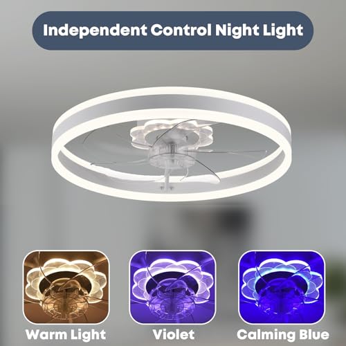 Ceiling Fan with Light, Upgraded 20‘’ Low Profile Fan, Flush Mount Ceiling Fan, 6 Speeds, Dimmable LED, App & Remote Control, Quiet DC Motor, for Bedroom, Living Room, F105 White