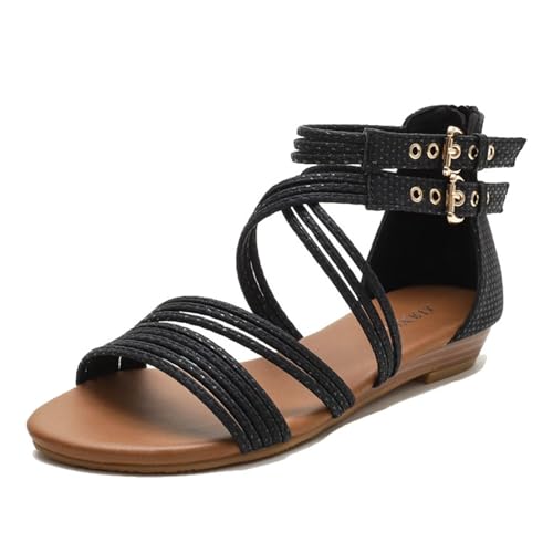 Summer Non-slip Roman Shoes, Womens Adjustable Buckle Back Zipper Cross Strappy Open Toe Wedge Sandal, Outdoor Platform Low Wedges Shoe, for Outdoor Walking, Entertainment, Leisure