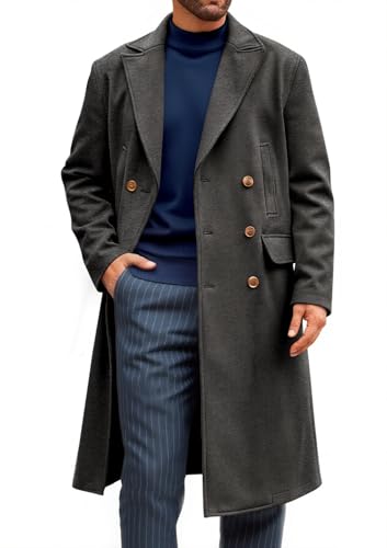 Image of Runcati Mens Trench Coat Notch Lapel Slim Fit Double Breasted Casual Long Business Pea Coat Overcoat