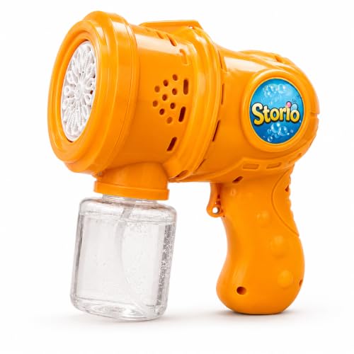 Image of Storio Automatic Bubble Gun for Kids, Rechargeable Electric Bubble Machine with Solution, One Touch Bubble Blower Toy for Indoor Outdoor Party, Gift for Toddlers Boys Girls - Orange