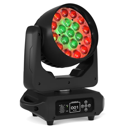 DJCLUB Moving Head Lights 19X15W RGBW 4-in-1 LED Wash Light with Zoom Beam DJ Effect By Sound Activated Auto DMX Control for Wedding DJ Disco Parties Nightclub Show Bar (1 Pack)