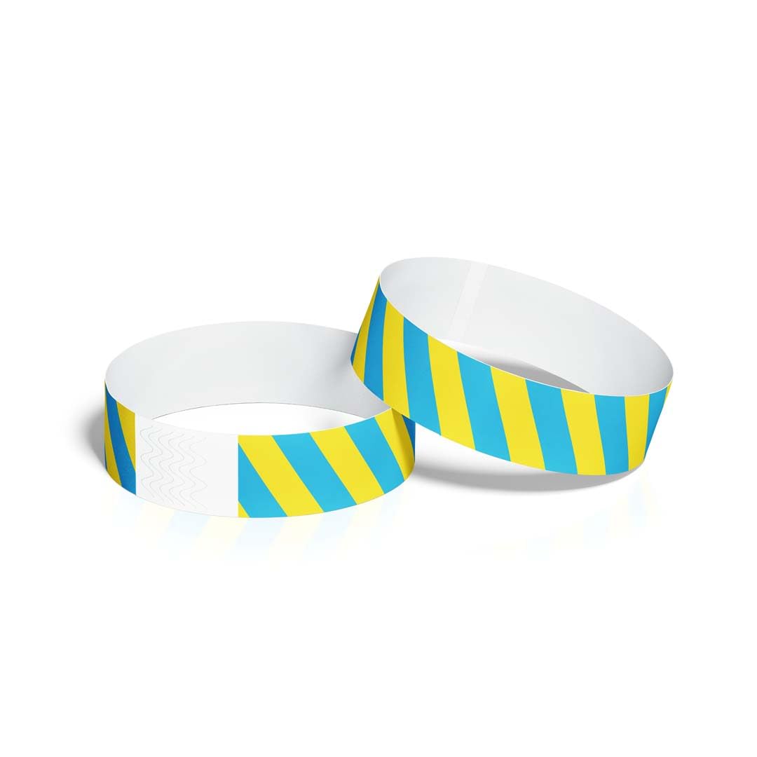 ID&C Striped Tyvek Paper Event Wristbands – 100 Numbered Tamper Proof Security Wristbands for Events, Festivals & Event Entry – Highlight Yellow and Neon Blue Stripe