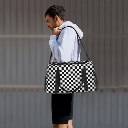 Black White Racing Big Capacity Sports Gym Bag Portable Travel Duffle Bag, Checkerboard Lightweight Weekender Workout Bag for Overnight, Unisex4