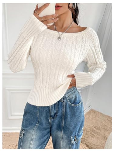 Image of MakeMeChic Women's Off The Shoulder Sweater Cable Knit Long Sleeve Ribbed Fall Going Out Tops Sweater Pullover