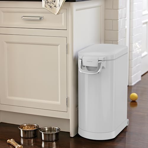 Image of simplehuman Large Pet Food Storage Container, Holds 30-35 lb / 14-16 kg of Dry Dog Food, Cat Food, or Bird Seed, Airtight Lock-Tight Lid with Magnetic Scoop, BPA-Free, White Steel