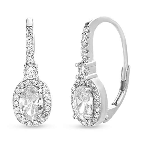 Rhodium Plated 925 Sterling Silver Oval Cut Cubic Zirconia Dangling Earrings for Women