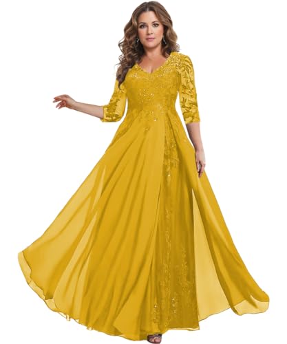 Image of HANVAIOS Sparkly Mother of The Bride Dresses for Women Long Chiffon 3 /4 Sleeve Lace Appliques Formal Gown
