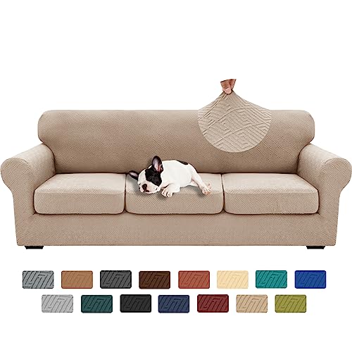 XINEAGE 2025 New 4 Pieces Extra Large Couch Covers for 3 Cushion Sofa Super Stretch Sofa Cover for 3 Large Seat Cushion Universal Slip Cover for Living Room (Khaki), 91"-110"(3 Cushions)
