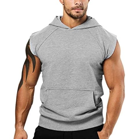 Men Hooded Vest Tank Tops Casual Sleeveless Sports T-Shirt Top Hoodies with Pockets Fitness Muscle Vest Summer Tops (XL,E-Light Grey) Cover
