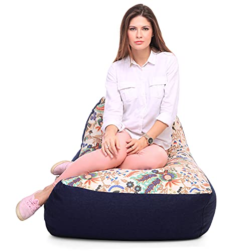 Image of Style Homez Urban Design Denim Canvas Floral Printed Chair Bean Bag XXL Size Filled with Beans Fillers