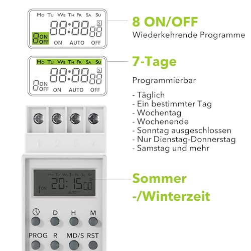 HBN Digitale Zeitschaltuhr für Hutschiene Schalttafeleinbau 3680W, 8 Schaltprogramme, 7 Tage Zeitschalter Wochenzeitschaltuhr, 24h Timer, Minutenprogramm, Sommer-/Winterzeit, Zufallsfunktion, IP20