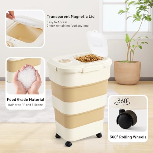 40-50lbs Dog Food Storage Container, Large Capacity Collapsible Airtight Pet Food Storage Containers with Rolling Wheels, Transparent Lid, Scoop and Date Track, Khaki - Image 5