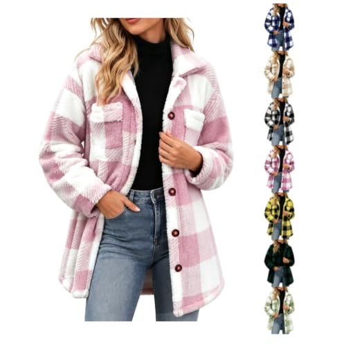 GOSEAGOTOFUN Fleece Jacket Women Oversized Plaid Fuzzy Fleece Jacket Lapel Button Down Long Coat Fall Winter Warm Outerwear 01-Pink Small - image 1