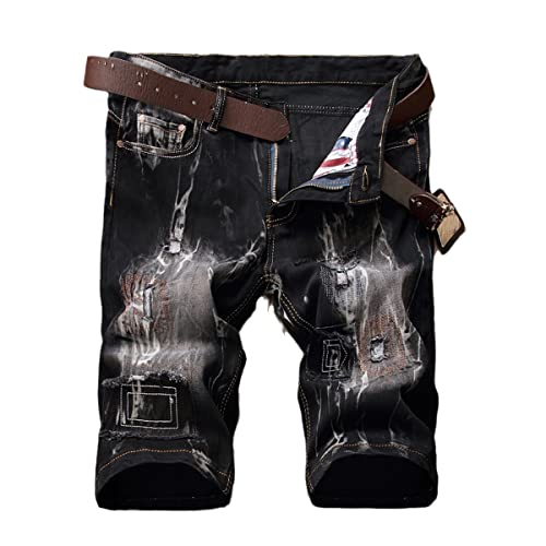 Short en denim imprimé noir homme Kelsiop jeans stretch déchiré avec patch rétro