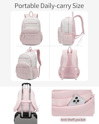 Image of Bookbag for Women, Teen Girls Backpack for High School College Student, Puffer Quilted Back Pack Cute Laptop Backpack for Work Travel Mom Casual Daypack, Beige Pink