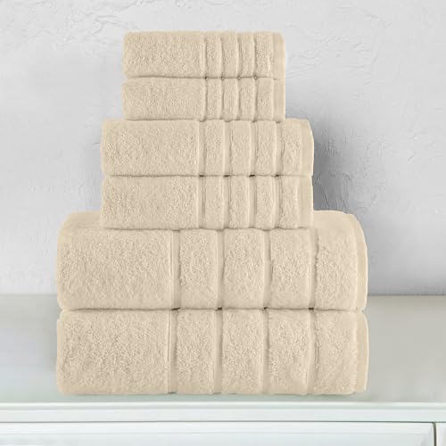 Image of Elegant Comfort 4 Lines Viscose Stripe 6-Piece Premium Towel Set - 100% Turkish Cotton High Absorbent Luxury Bathroom Towels - Includes 2 Washcloths, 2 Hand Towels and 2 Bath Towels Set, Ivory