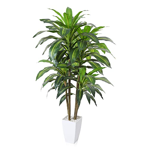 OAKRED Artificial Dracaena Tree 4Ft Fake Plants with White Taper Planter Fake Tree Faux Artificial Plants for Indoor Outdoor Wall Office Home Living Room Floor Decor,Set of 1