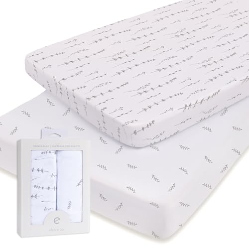 Image of Pack and Play Sheets - 2 Pack Fitted with 100% Jersey Cotton - Pack N Play Mattress Sheets for Boys and Girls, Newborn Essentials (Neutral Forest Grey Floral and Leaves)