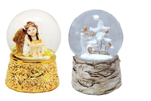 2er Set 2 süße Mini-Schneekugeln Nostalgie Engel und Weihnachtsreh,...