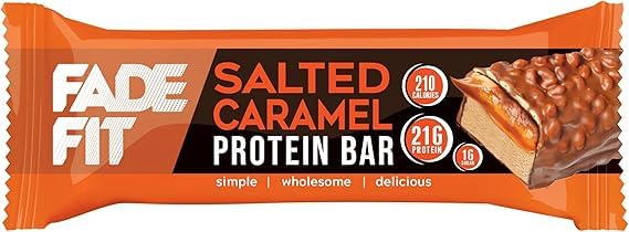 Fade Fit Salted Caramel Protein Bar, High Protein Bar, 21 grams of protein, Low In Sugar, 55g