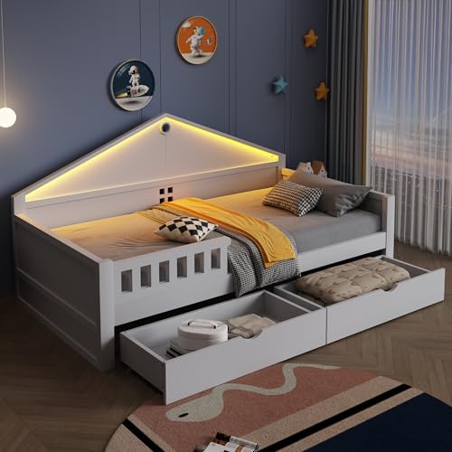 Lit Enfant 90 x 200 cm, lit Simple, Design en Forme de Maison avec éclairage LED, avec 2 tiroirs en Bas, lit Adolescent à sommier à Lattes, Blanc (Matelas...