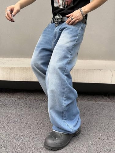 Image of HUNGSON Mens Baggy Jeans for Men Women Y2k Skater Vintage Plain Pants Casual Wide Leg Jeans Loose Fit Denim Jeans