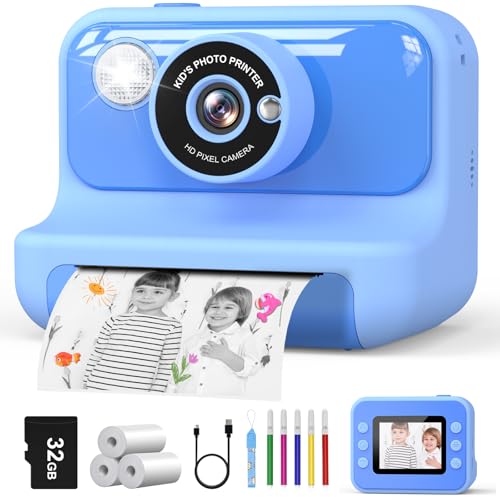 Hangrui Camara Fotos Infantil Instantanea, 2,4 Pulgadas Camara Fotos Infantil con Tarjeta de 32G, 1080P Cámara Instantánea para Niños con Papel de Impresión y Bolígrafos de Colores, Regalos Juguete