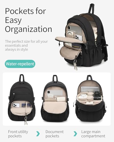 Image of Large Backpack for Women, Quilted Laptop Bookbag with Pouch Pockets for College Work Travel Gym Teacher Nurses, Puffer High School Backpack for Girls, Black