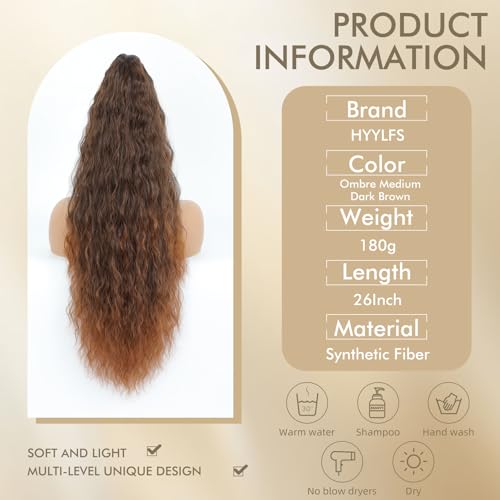 Image of Claw Clip Ponytail Extension 26In Wavy Curly Hair,Ombre Medium Dark Brown
