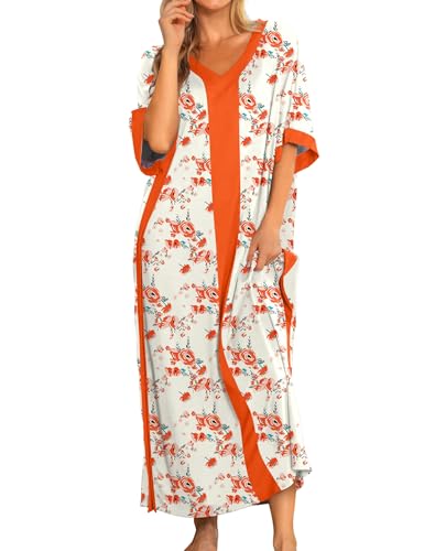 House Dresses for Women Long Floral Night Gown Short Sleeve Kaftan Plus Size Cotton Moomoos Dress Pink Flower XXL