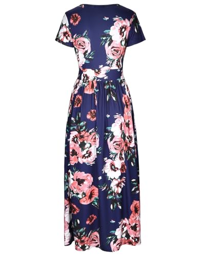 OUGES Women's V-Neck Pattern Pocket Maxi Long Dress(Floral-7,L) Red Flowers