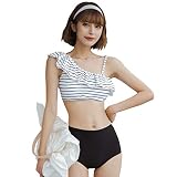 [Teddy] 水着 レディース ビキニ ワンショルダー フリル 2点セット ハイウエスト バックシャン 2way hys2347 (ボーダー×ブラック, L(9号))