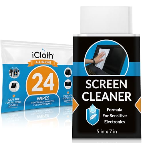 Screen Cleaner Wipes by iCloth – Individually Wrapped – Travel Size – Streak-Free (24 Large Wipes)
