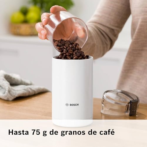 Bosch Molinillo de café, TSM6A011W, cuchillas de acero inoxidable, función de seguridad, 180 W, recipiente para 75 g de granos, eléctrico, blanco. - imagen 6