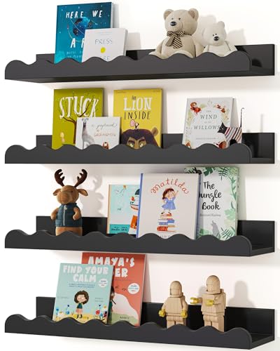 Image of Seocry Kids' Bookshelf Set of 4 - Black Floating Nursery Book Shelves, Picture Ledge Shelf for Wall Decor and Storage - Perfect for Books, Toys, Photo Frames, and Nursery Décor