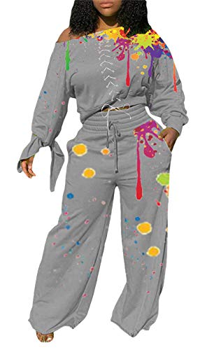 Aro Lora Womens 2 Piece Jogging Suit Off Shoulder Lace Up Tie Knot Crop Top Wide Leg Pant Set Tracksuit Jumpsuit Large Grey