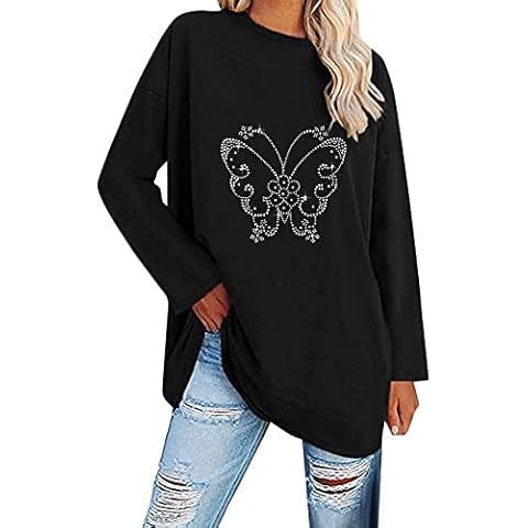 Longshirt Damen Langarm Tunika Große Größen Lange Oberteile Bedruckte Longbluse Longpullover Mode T Shirt Casual Lose Elegant Pullover Bluse Sweatshirt Langarmshirt Hemd Tops Cover