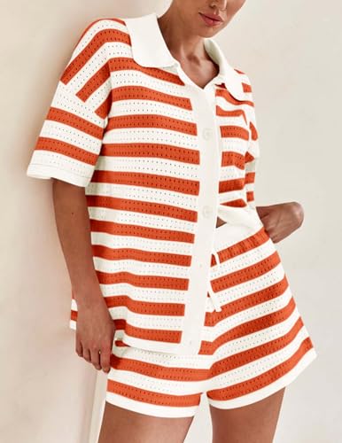 Image of PRETTYGARDEN Women's 2 Piece Shorts Sets Casual Summer 2025 Short Sleeve Striped Sweater Set Matching Beach Vacation Outfit