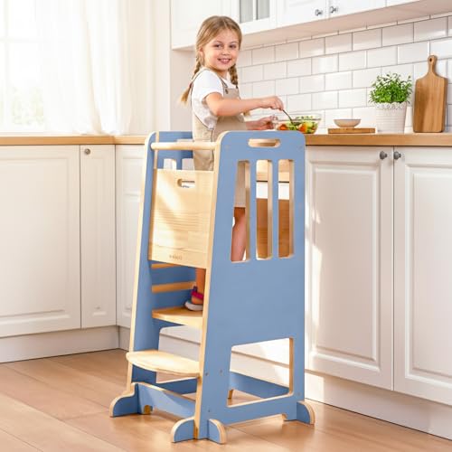 Image of WINGYZ Toddler Tower - Anti-Tip Natural Wood Learning Stool for Kids 18M-6Y, 150lb Capacity Kitchen Stool with 3-Height Adjustable Platform and Sliding Door Access, 20lb Portable Design, Blue