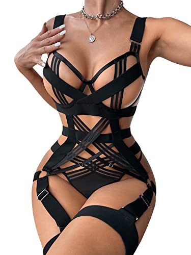 Soly Hux Lingerie Set For Women 4 Piece Cutout Underwire Lingerie Set Bra And Panty With Leg Ring Solid Black S cover