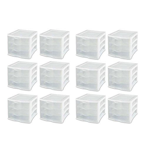 Image of Sterilite ClearView Compact Stacking 3 Drawer Storage Organizer System for Crafting Supplies, Home Office, or Dorm Room, (12 Pack)