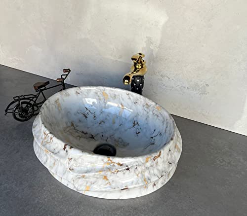 Image of Designer Glossy Finish Ceramic Art Table Top Wash Basin For Bathroom | Collapsible Countertop Washbasin (Black White Glossy Art, 16 x 13 x 6 Inch)
